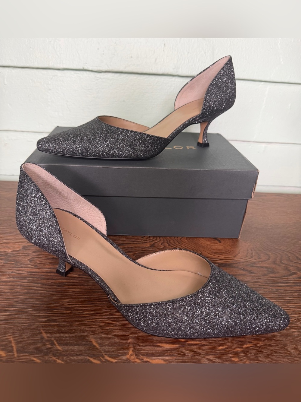 Ann Taylor Black Glitter D'Orsay Kitten Heel Pumps